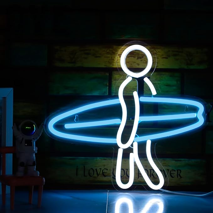 Surfer Neon Sign for Bedroom Wall Decor USB Powered, Surfboard Decor Dimmable Surfer Light Anime Neon Sign for Kids Room Wall Art Birthday Gift 13 * 12 Inches Ice Blue