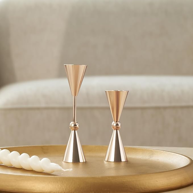 DN DECONATION Gold Taper Candle Holders Set of 2, Tapered Candlestick Holders Decor for Fall Thanksgiving Table Centerpiece Wedding Decorations, Modern Metal Candle Holder for Living Room, Mantel