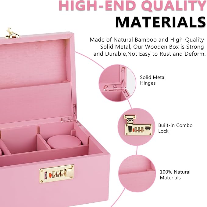 OZCHIN Large Bamboo Box with Combination Lock Decorative box for Home Great Gift Choice Storage Lockbox with Storage Jar, Gifts for Men Women (Pink, 10 x 6.9 x 5 inches)