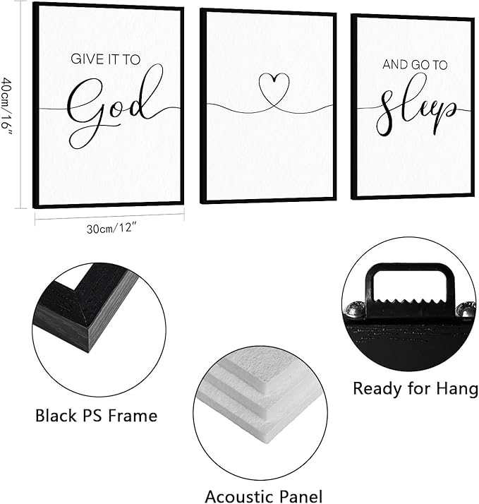 Give It To God And Go To Sleep 3-Piece Wall Sign Decor: Framed Modern Minimalist Quotes for Couples Above Bed 12"x16"