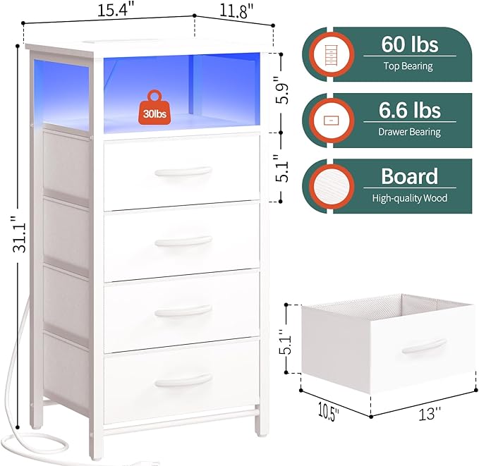 Yoobure Night Stand - LED White Nightstand with Charging Station, Bedside Table with 4 Storage Drawers and Storage Shelf, End Table with USB Ports and Outlets, Tall Dresser for Bedroom