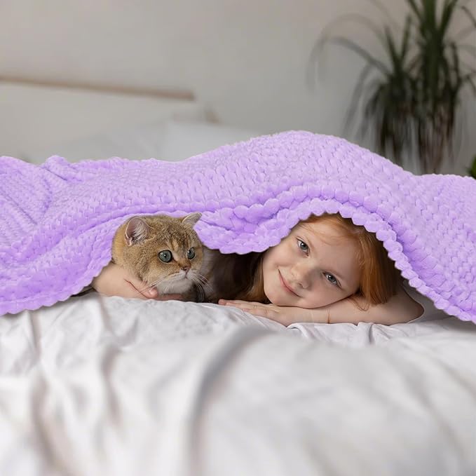 Vessia Flannel Fleece Throw Blanket, 3D Jacquard Light Purple Fuzzy and Warm Blanket for Couch, Sofa, Bed, Chair, 300GSM Soft Touch Cozy Lavender Throw for All-Season Home Decor(50x40inch)