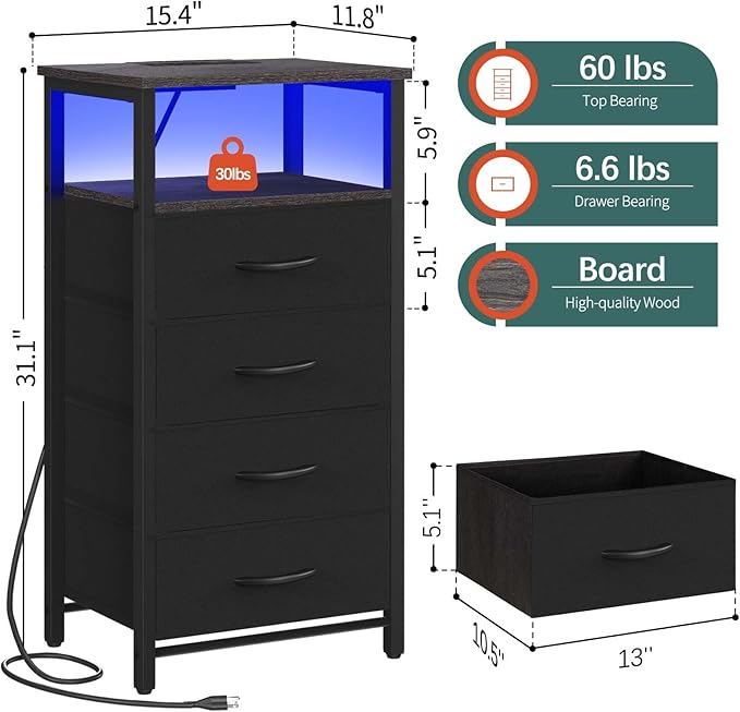 Yoobure Night Stand - LED Nightstand with Charging Station, Bedside Table with 4 Fabric Storage Drawers and Storage Shelf, End Table with USB Ports and Outlets, Tall Dresser for Bedroom