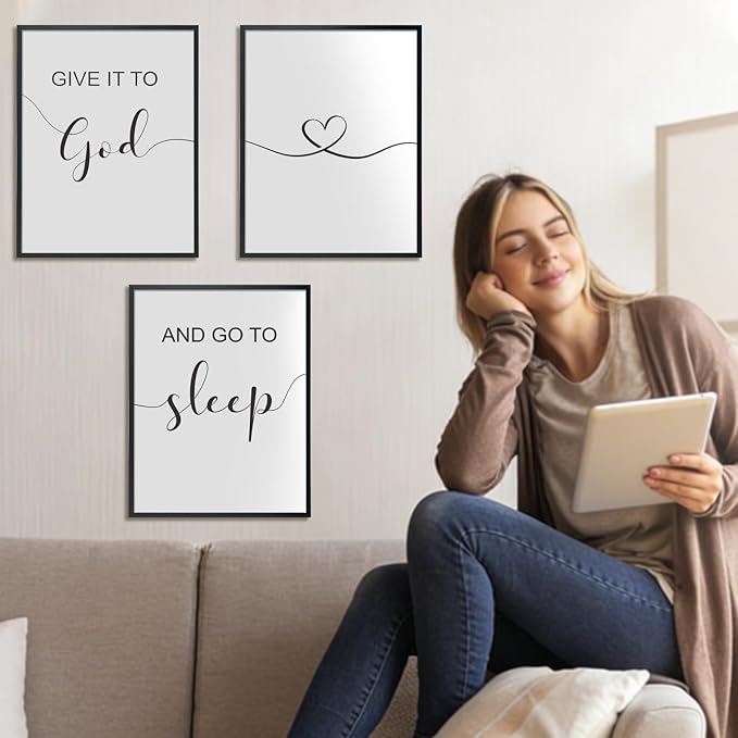 Bnesi Large 3 PCS Bedroom Wall Decoration Give It To God and Go To Sleep Sign Bedroom Wall Decor Set Black And White Wall Art for Bedroom Wall Decor Above Bed Unique Wall Art (God)