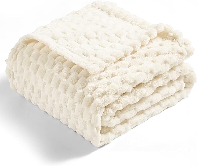 Vessia Flannel Fleece Throw Blanket(50x70 inch), 3D Jacquard Cream Fuzzy and Warm Blanket for Couch,Sofa,Bed,Chair, 300GSM Super Soft Touch Cozy Lightweight Throw for All-Season Home Decor