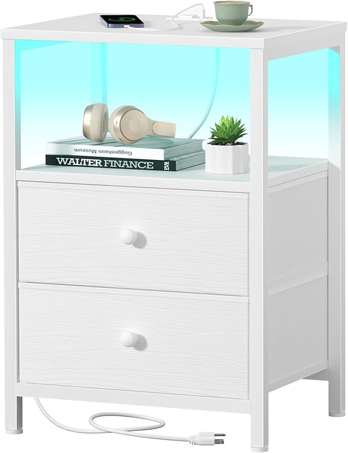 BOLUO White Nightstand with Charging Station, LED Night Stand with 2 Fabric Drawers, Bedside Table with USB Ports and Outlets, Nightstand for Bedroom Modern
