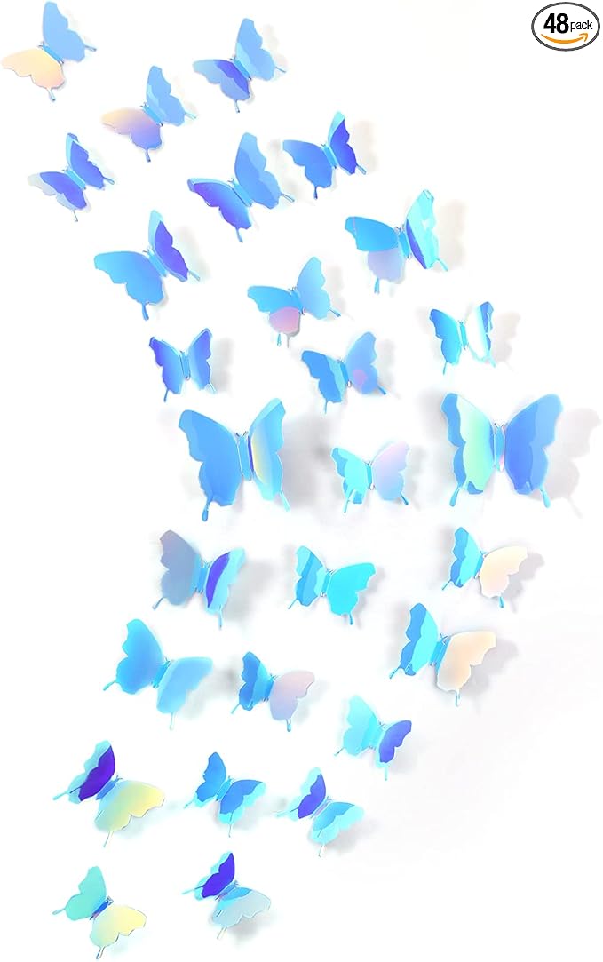 BBTO 48 Pieces Butterfly Wall Decor DIY 3D Mirror Butterfly Stickers Removable Decals Crafts for Birthday Party Bedroom School Bathroom Living Room Decor(Blue)
