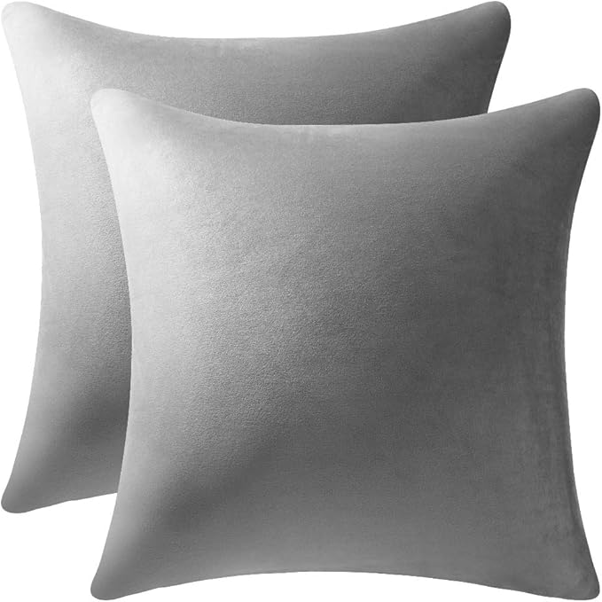 DEZENE Throw Pillow Covers 16x16 Light-Grey: Pack of 2 Cozy Soft Velvet Square Modern Luxury Decorative Throw Pillow Cases for Sofa Couch Living Room Bed Home Decor