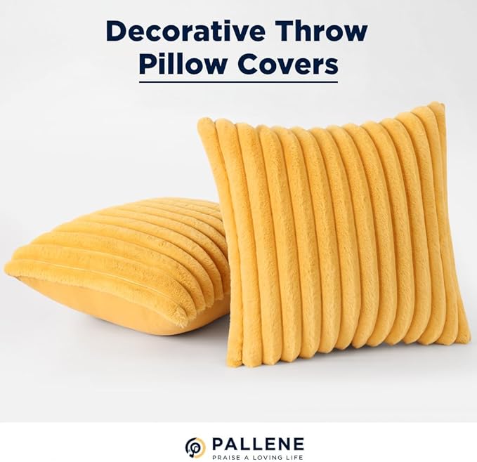 Pallene Faux Fur Plush Throw Pillow Covers 26x26 Set of 2, Luxury Soft Fluffy Striped Decorative Pillow Covers for Sofa, Couch, Living Room, Mustard Yellow