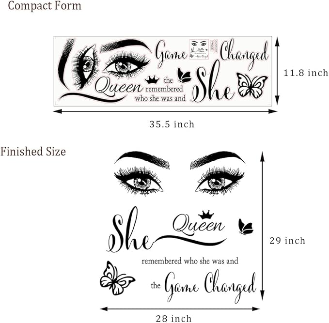 Inspirational Wall Sticker Pretty Eyelashes Eyes Wall Decals Motivational Word Letter Decal Wall Art Quote She Remembered Who She Was and The Game Changed Wall Stickers for Women Girls Bedroom Living