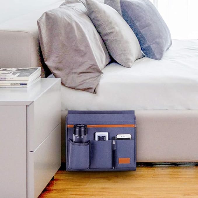 Bringsine Bedside Caddy, Felt Bed Storage Organizer Hanging Bag Holder with 5 Pockets for Magazine Book Phone Tablet iPad Cables Remote & Water Bottle Holder Home Dorm Bed Sofa-Deep Gray