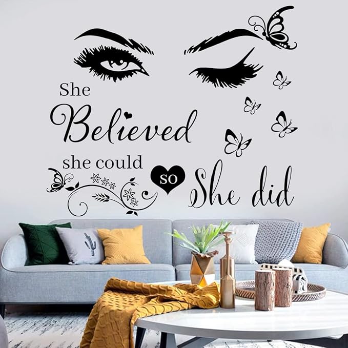 Wall Sticker Saying Vinyl Wall Decals Eyelash Eyes Inspirational Quotes She Believed She Could So She Did Wall Decal Butterfly Wall Stickers for Bedroom Living Room Classroom Office Girl Room Home