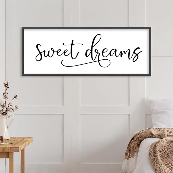 YWJKWLGS Sweet Dreams Wall Decor Sign 40x15 Inch Handwritten Art for Bedroom & Kids Room 40x15 Inch Above Over Bed Rustic Modern Farmhouse Large Wooden Framed Wall Hanging Art (Black)