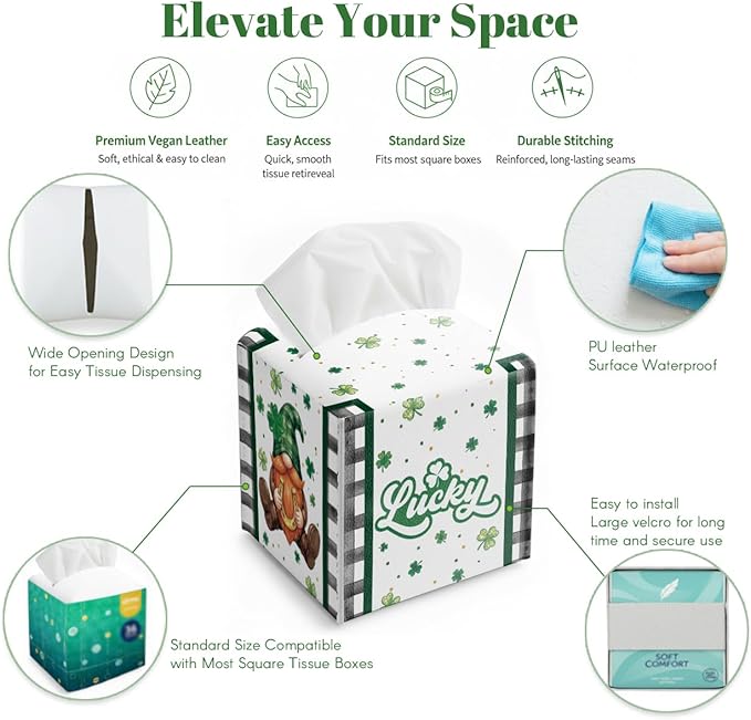 St.Patrick's Day Napkin Tissue Box Cover, Buffalo Plaid Shamrock Gnome Waterproof Leather Paper Organizer Dispenser for Table Dining, Bathroom, Nightstand Vanity, Car, Housewarming Gift Ideas, C