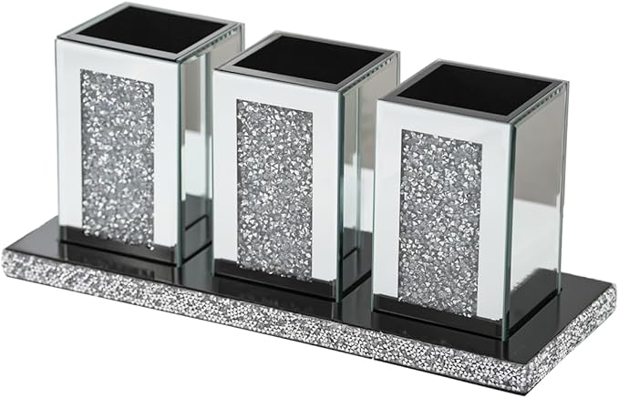 Pibeyer Crystal Crush Diamond Jar Table Centerpiece Decorations for Dining Room, Coffee Table Decor Wooden Tray with 3 Mirrored Jars Artificial Plants for Kitchen, Living Room, Home Décor