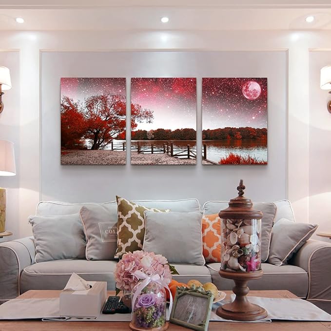 Wall Art For Living Room Large Size Wall Decor For Bedroom Room Wall Pictures Artwork Abstract Red Tree Moon Landscape Paintings Modern Office Decor Home Decorations For Kitchen 20" X 28" 3 Pieces