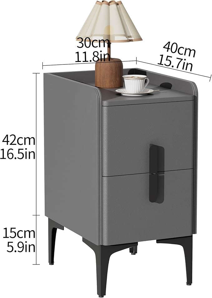 VICITON Narrow Nightstand with 2 Drawers, Narrow Side Table Leather Surface, Slim Bedside Table for Bedrooms, Dormitories, Living Rooms (Light Gray, 15.7" D x 11.8" W x 22.4" H)