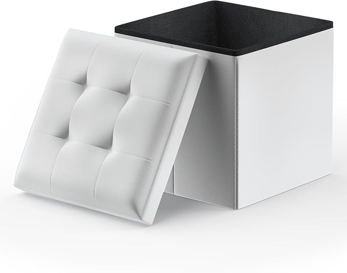 MoNiBloom 15 Inch Storage Ottoman Cube, 11 Gal. Folding Ottoman Foot Rest Stool, PU Leather Small Footrest with Storage for Living Room, Bedroom, Entryway, Hallway, White