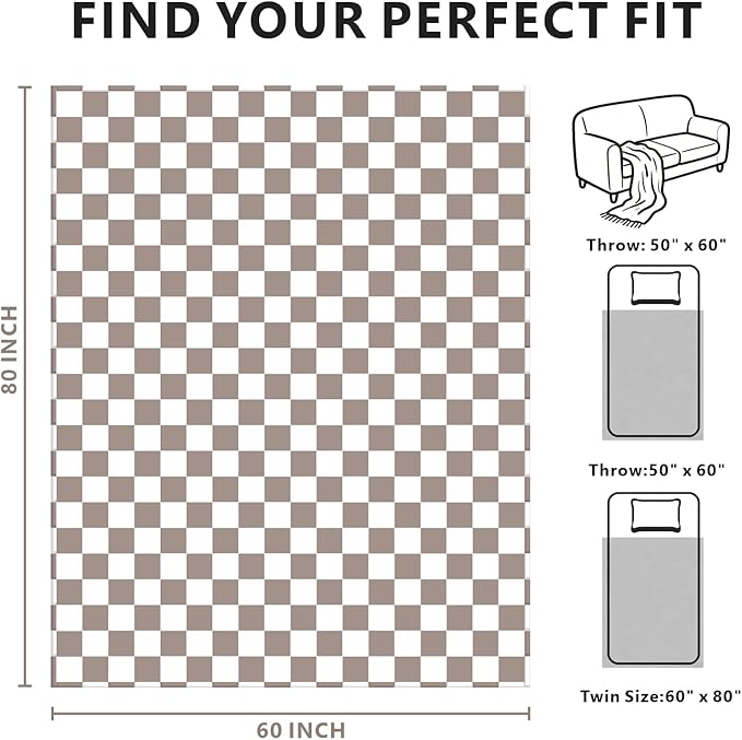 Light Grey Checkered Blanket, Ultra Soft Fluffy Fleece - Checkered Grid Print Throws for Couch Sofa Bed, Cozy Luxury Throw Blanket for All Seasons, 60x80 Inch, Cashmere Smoke