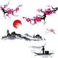 Large Japanese Wall Decor Stickers, BWCXXZH Red Cherry Blossom Tree Wall Murals Mountain River Fisherman Peel and Stick 3D Art Stickers for Girls Bedroom Nursery Living Room TV Home Decor