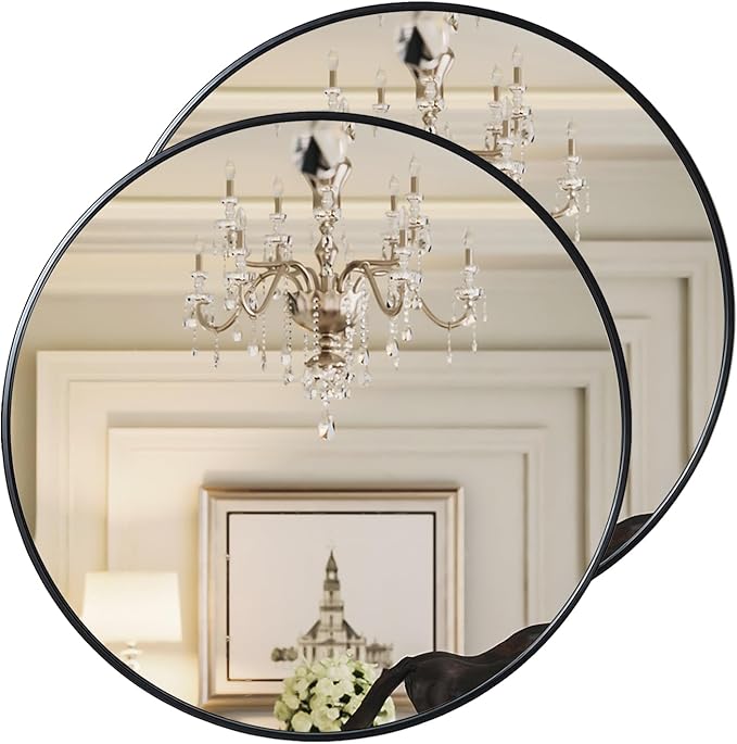 Growsun Black Round Mirror 24 inch, Wall Mounted Circle Mirror, Metal Framed Mirror for Bathroom Vanity, Bedroom Home Decor Mirros, 2 Pack