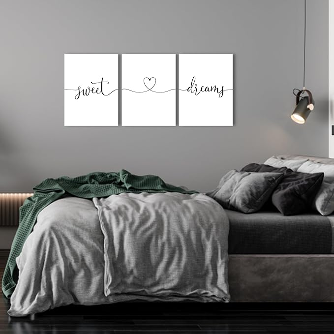 Sweet Dreams Wall Art Above Bed: Set of 3 Modern Master Bedroom Signs for Couples, Rustic Farmhouse Hanging Plaques Aesthetic Minimalist Guest Room Decor, 12x16 Inch
