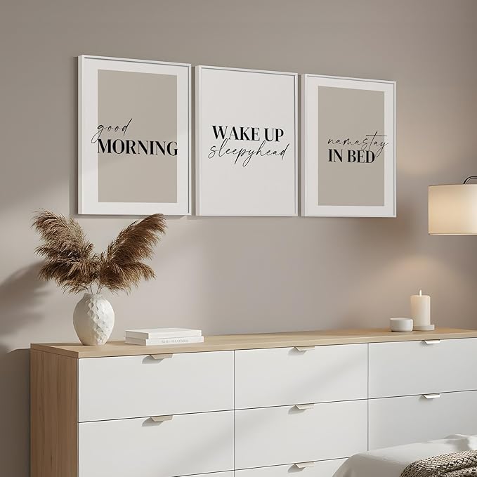 Framed Neutral 3 Piece Wall Art Master Bedroom, Minimalist Modern Painting Print Pictures Canvas Artwork for Walls, Typography Quote Good Morning Nursery Guest Room Wall Decor Above Bed, 12x16 Inch