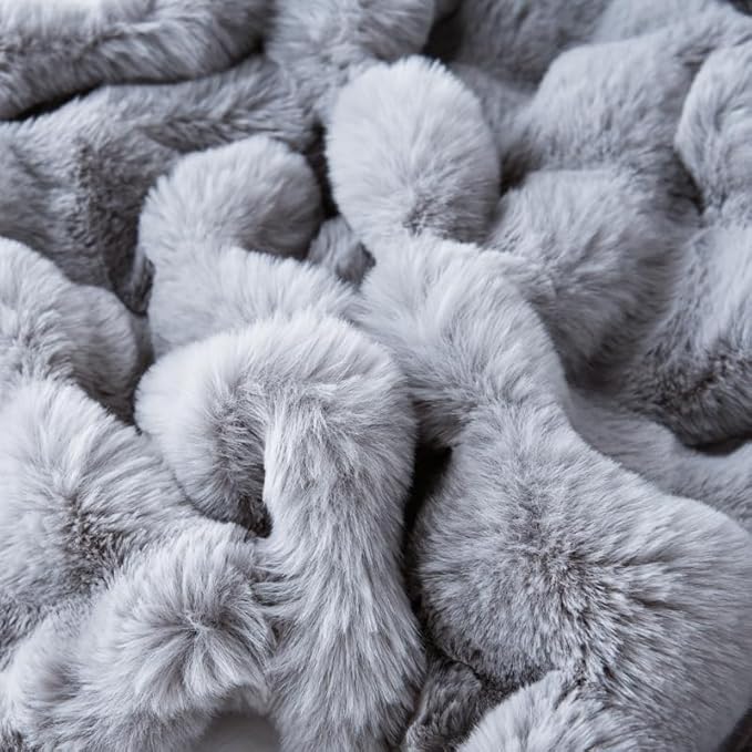 H&D Faux Fur Throw Blanket for Couch,Fluffy Cozy Soft Plush Luxury Thick Fuzzy Fleece Blanket for Couch Bed Sofa Bedroom Living Room,Comfy Bubble Blanket(Gray, Queen 80"x90")
