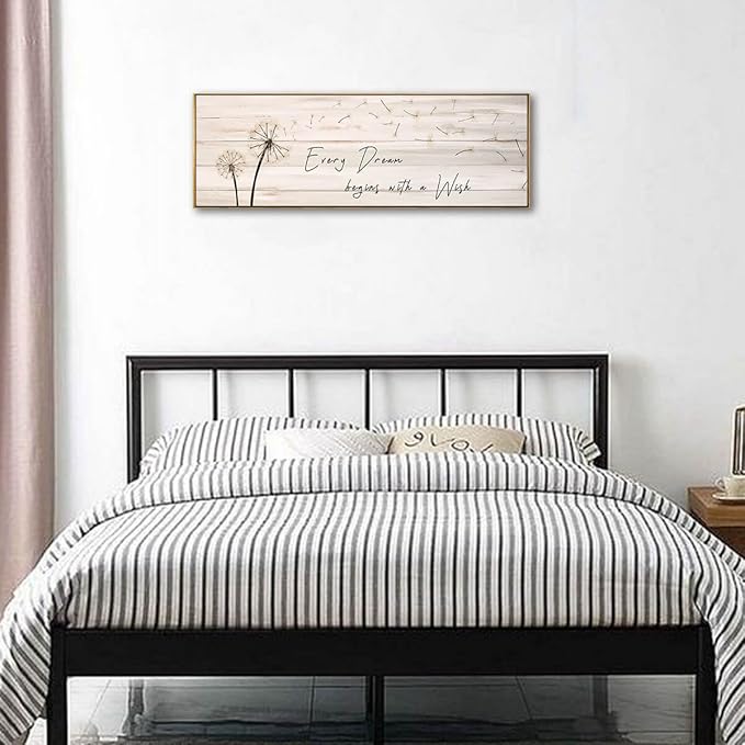 Dandelion Wall Art - Every Dream Begin with A Wish Rustic Farmhouse Wall Decor Framed Canvas Wall Art Bedroom Wall Decor Above Bed Dandelion Art Decor Vintage Room Decor (Wooden Frame) 46x19inch