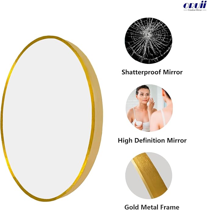 Gold Circle Mirror, 20 inch Gold Round Mirror, Circular Wall Mirrors Metal Frame, Round Wall Mirrors for Living Room, Bedroom, Bathroom, Hallway, Rustic, Vanity.