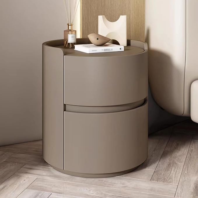 Round Night Stand Nightstand, Wooden Bedside Table Set for Bedroom, Outer Leather Bedside Table, Nightstand Storage Living Room end Tables Drawer Shelf Bed Side Table ( Color : Dark brown , Size : 40x