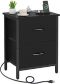 Vagusicc Nightstand with Charging Station, Bedside Table with USB Ports and Outlet, End Table Side Table with 2 Fabric Drawers for Bedroom, Living Room, Black