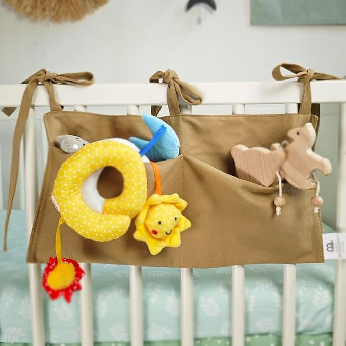 Baby Bedside Hanging Storage Bag - 2-Pocket Bedside Storage with High Capacity for Diapers & Essentials, Space-Saving Hanging Nursery Organizer 5 Colors Available (Khaki)