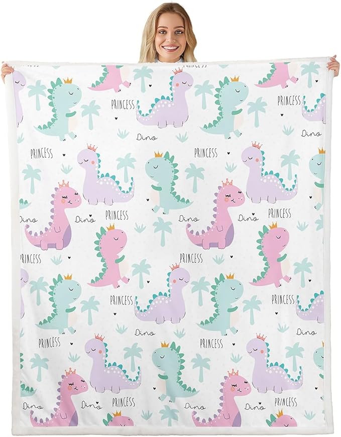 Erosebridal Dinosaur Blanket Throw - Pink Purple Dinos Cartoon Fleece - 40"x50" - Kids Girls - Modern Design - Machine Washable - Sherpa Blanket for Kids Room Decor