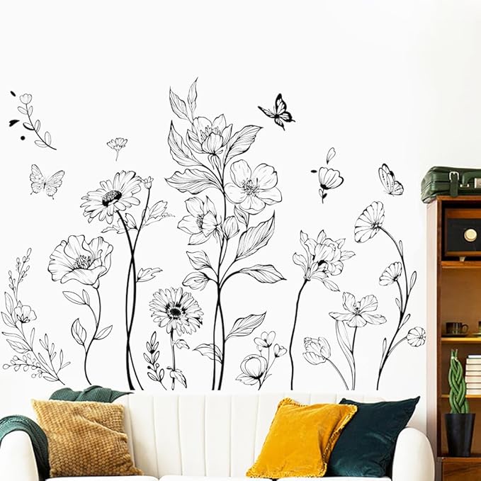 Runtoo Boho Black Flower Wall Decals Simple Wildflower Floral Wall Stickers for Girls Bedroom Nursery Home Decor