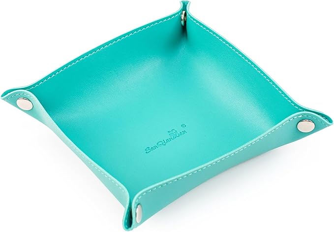 SANQIANWAN PU Leather Arc Edge Jewelry Valet Tray for Man and Women, Portable Mini Entryway Table Tray Bedside Nightstand Desk Tray Small Travel Dish Plate for Key,Wallet,Watch,Coin (WaterGreen)