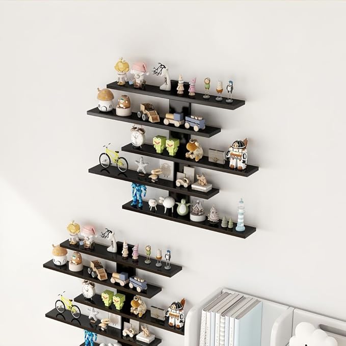 5-Tier Floating Wall Mounted Shelves, Wall Display Storage Shelf for Anime Figurines, Dolls, Plants & Statues, Decorative Organizer for Bedroom, Living Room, Study, Kids Room(Black)