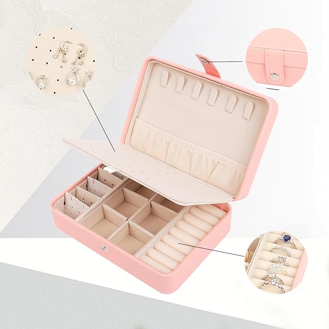 Travel Jewelry Organizer Box with Compartments, Small Jewelry Case with Necklace Hooks Ring Slots and Removable Dividers for Storage and Organization