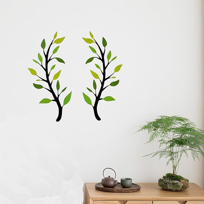 Yuzhuo 2 Pieces Metal Tree Leaf Wall Décor Branch Leaf Wall Art for Indoor Outdoor Garden Home Bedroom Living Room Decorations Iron Scroll Sculptures Above the Bed(Light Green, S)
