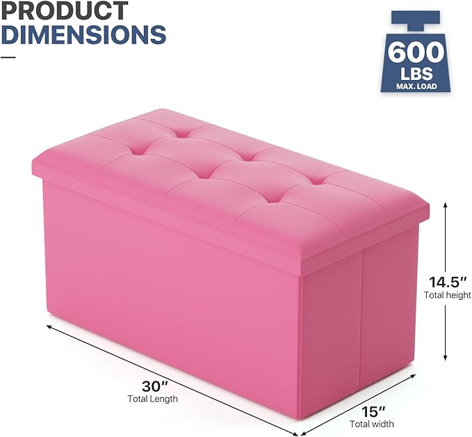 MoNiBloom 30 Inch Storage Ottoman Bench, 24 Gal. Folding Ottoman Footrest, End of Bed Bench, Rectangle Foot Stool, Supports 600 lbs, for Bedroom, Living Room, Entryway, Hallway, Hot Pink