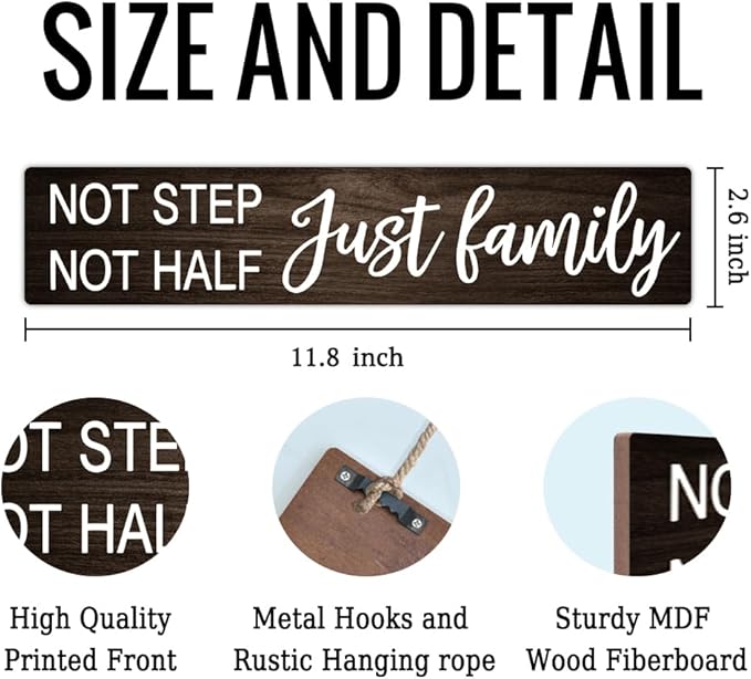 AGMDESIGN Not Step Not Half Just Family Wood Sign, Heartwarming Family Unity Wall Decor for Shelf Desk Door, Farmhouse Bedroom Kitchen Bathroom Wood Hanging Plaque, Great Gifts for Families