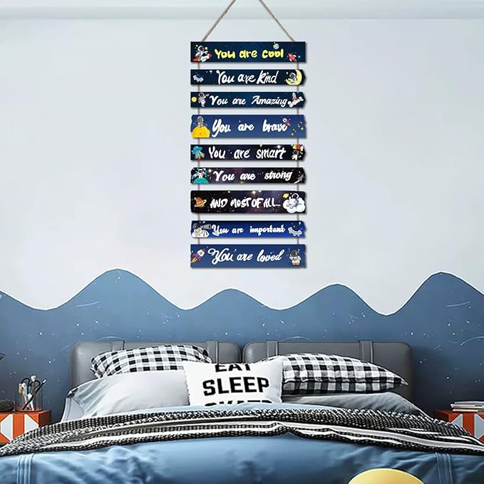 JEVUVU Outer Space Room Decor for Teen Boys Aesthetic, Cool Bedroom Wall Decor for Baby Boy, Navy Blue Kids Wall Art Signs, Fun Stuff Black Decorations for Nursery Bed Room Dorm Classroom Bathroom
