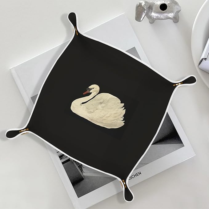Vintage Swan Leather Jewelry Valet Tray, Antique Classical Elegant Swan PU Leather Catchall Beside Caddy Nightstand Organizer Tray for Jewelry Rings Watches Keys and Accessories, 7.8x7.8inch