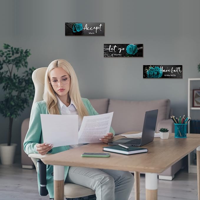 3 Pcs Teal wall decor Inspirational Teal Bathroom Decor Wooden Rose Wall Art Turquoise Office Decoration with Accept Let Go Have Faith Quotes for Girl Women Bedroom 12 x 4 Inches