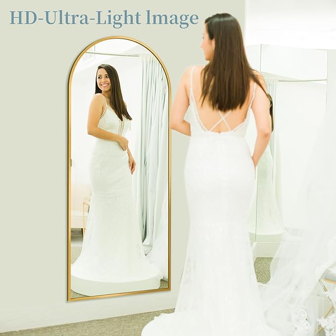 Full Length Mirror with Stand, 58"x18" Arched Full Body Mirror, Large Stand Up Aluminum Frame Floor Freestanding Hanging Leaning Mounted for Bedroom Living Room Entryway Gold