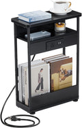 Narrow Side Table with Charging Station, 3-Tier End Table with 2 USB Ports & Power Outlets,Thin Sofa Side Table for Narrow and Small Spaces, Bedside Table Nightstand for Living Room,Black
