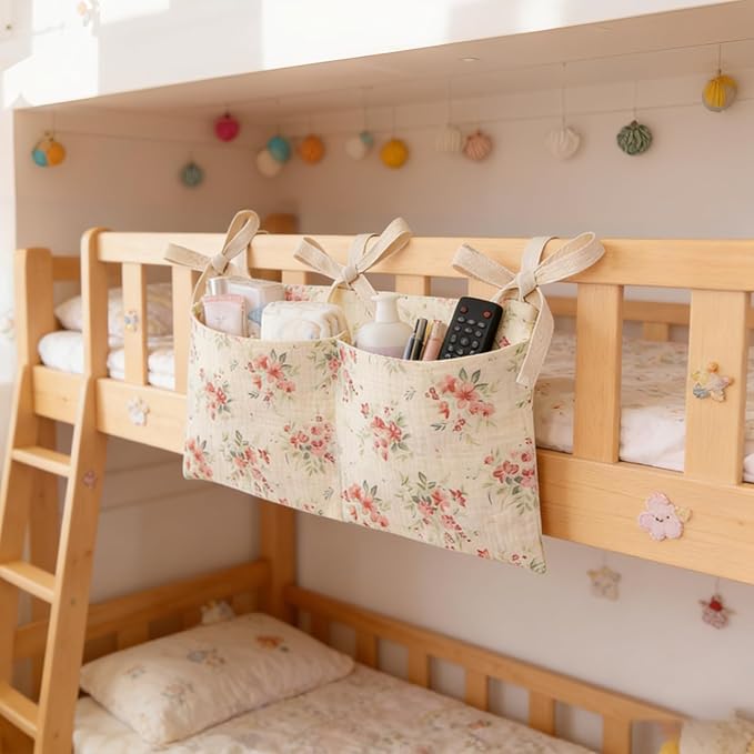 2 Pieces Floral Pattern Bedside Caddy with 2 Pockets, Bedside Hanging Storage Organizer, Dorm Rooms Bunk Bed Storage Bag for Home Phone Remote Control Key Glasses (Beige)
