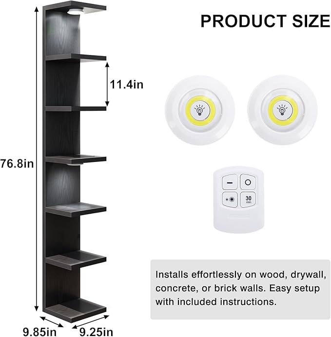 Fixwal 7 Tier Wall Mounted Shelf Unit Black Floating Shelves with LED Lights Lack Wall Shelf for Home Decor Organizer Display