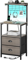 Tall Nightstands with Charging Station, LED Night Stand Bedsides with 2 Fabric Drawers,Hooks,USB Port and Open Storage Shelves,Tall End Table Bedside for Bedroom,Office, Grey