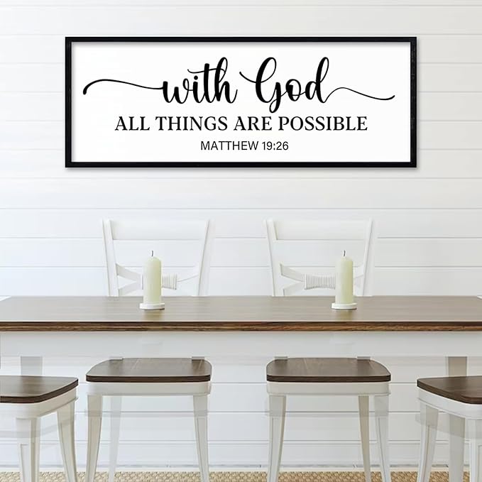 comurdyo With God All Things are Possible Wall Decor 40"X15" Matthew 19:26 Sign Bible Verse Large Wooden Framed Christian Scripture Prayer Wall Hanging Art (Black)